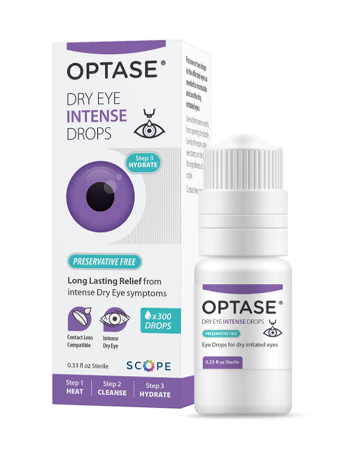 The image shows a product packaging for Optase Dry Eye Intense Drops, featuring a bottle with a dropper and an eye dropper, along with a tube of ointment, all set against a white background.