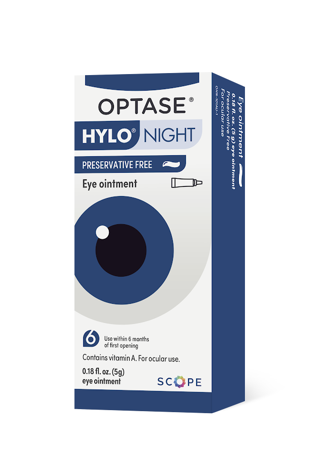 The image shows a bottle of Optase Hylo Night eye ointment with a label that includes the product name, active ingredient, and instructions for use.