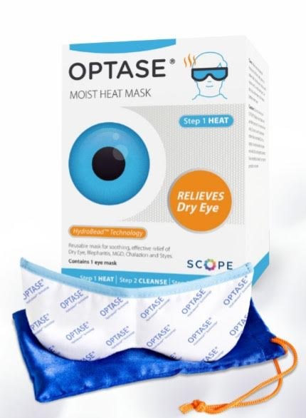 An image of a package containing an eye mask, with the brand name  OPTASE  visible and a tagline that reads  relieves dry eyes.