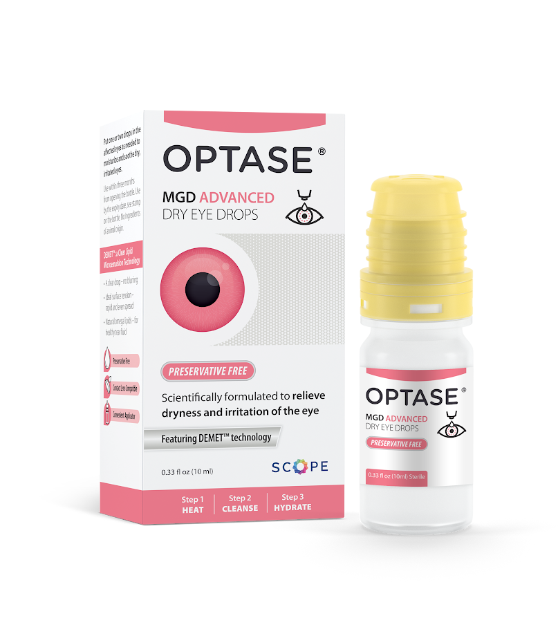 The image shows a bottle of Optase MDG Advanced Dry Eye Drops with an accompanying eye dropper, placed on a surface next to a package of the same product.