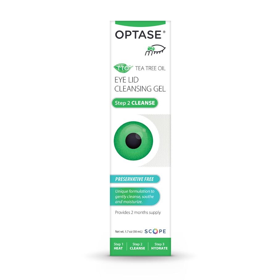 The image shows a tube of Optase Tea Tree Eye Lid Cleaning Gel, which is designed to remove and prevent the buildup of bacteria and debris on the eyelids.