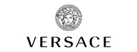 The image is a logo with the word VERSACE in capital letters, accompanied by a stylized graphic and text above it that appears to be a signature or brand mark.
